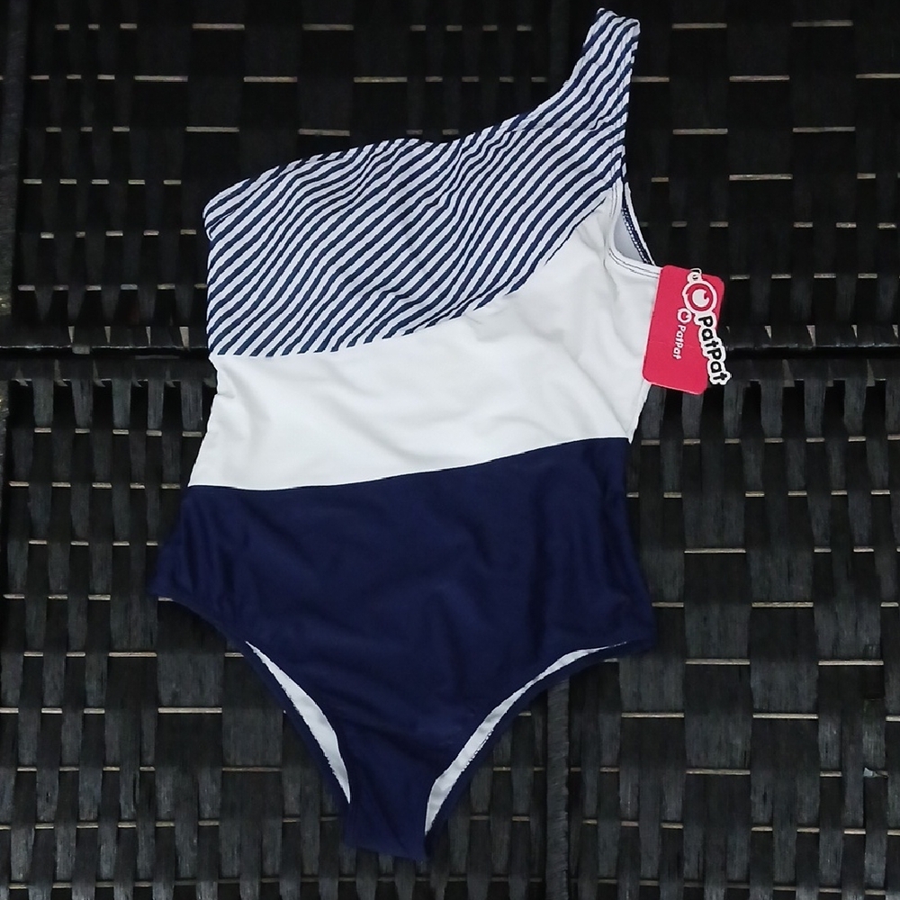 NWT PatPat Navy and White One-Shoulder Swimsuit SZ M